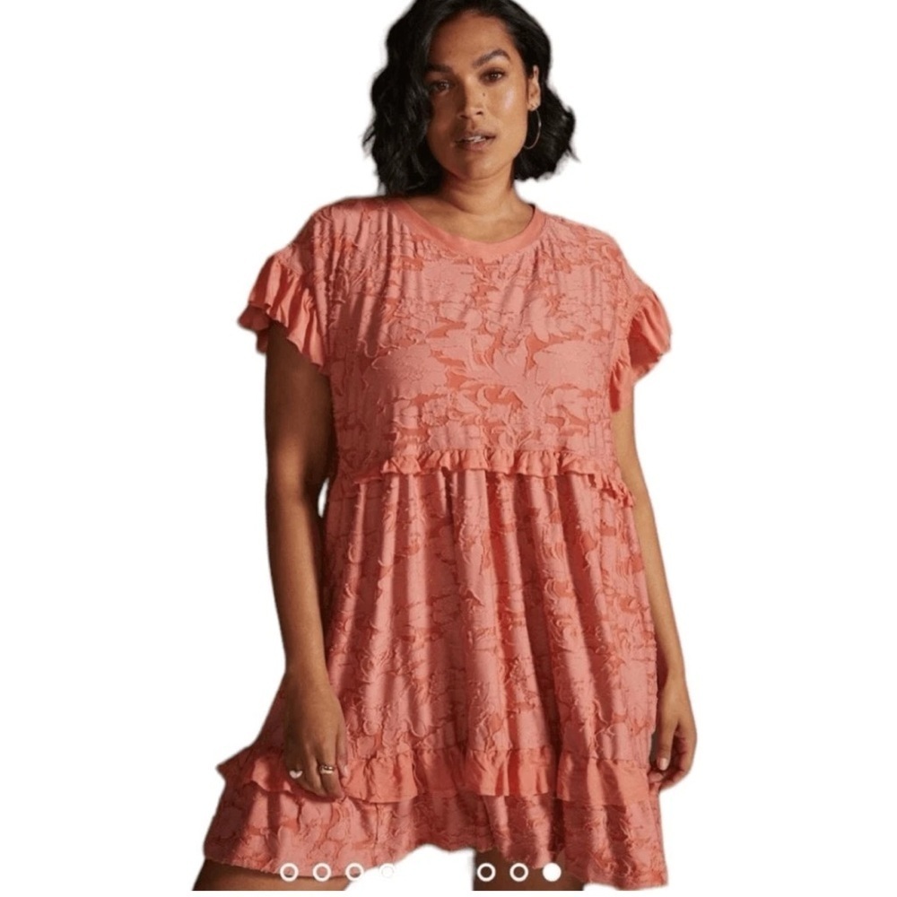 Anthropologie Pink Ruffle Knit Mini Dress Size S Oversized Cottage Core Peasant